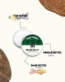 Beard balm container with notes on a white background