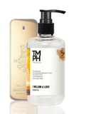 Bottle of TM PH shower gel with a pump and a smaller bottle in the background on a white background