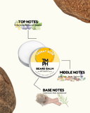 TM PH Beard Balm packaging with notes on top, middle, and base notes on a white background.