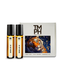 Two bottles of '31 of Rose' solid perfume and a box with a tiger design on a white background