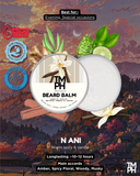 Beard balm packaging with natural ingredients and scenic background