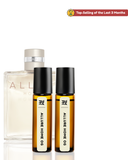 Set of perfume bottles including a large bottle and two smaller rollerball bottles on a white background.