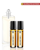 Perfume bottle and two roller bottles labeled 'C Declaration' on a white background.