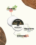 Beard balm container with notes on top, middle, and base notes on a white background