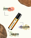 Roll-on bottle with essential oil and botanical elements on a white background