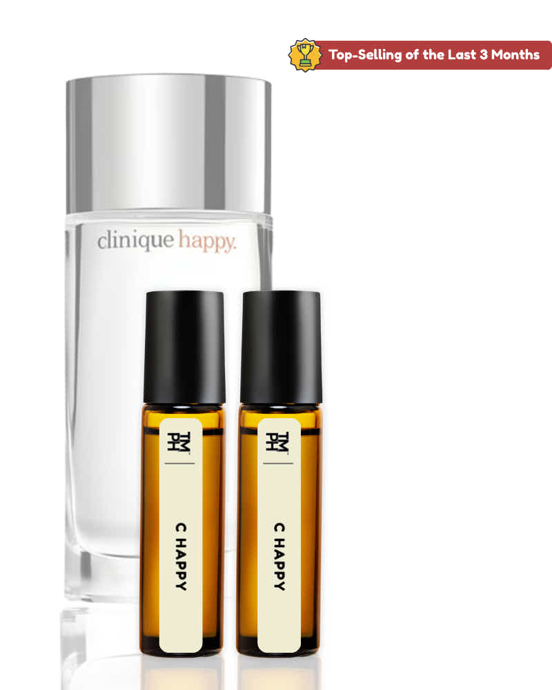 Clinique Happy perfume set with a large bottle and two smaller rollerball bottles on a white background.