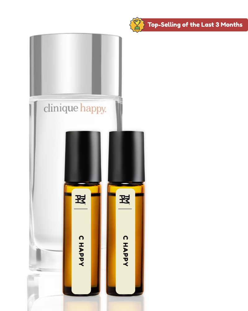 Clinique Happy perfume set with a large bottle and two smaller rollerball bottles on a white background.