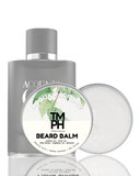 Beard balm with a gray container and white label on a white background