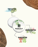 Beard balm container with notes on top, middle, and base scents on a white background