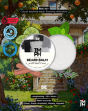 Beard balm packaging with garden scene and product details