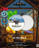 Beard balm packaging with artistic background and product details.