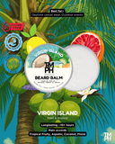 Beard balm container with Virgin Island theme on a tropical background