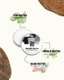 Beard balm container with notes on top, middle, and base notes on a white background