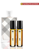 Set of perfume bottles with a plaid patterned bottle in the background