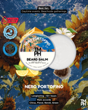 Beard balm container with floral and beach background