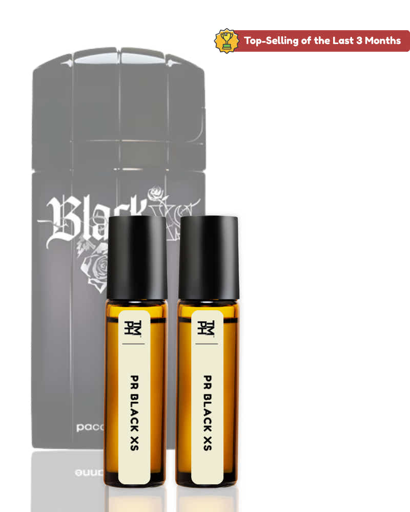 Two roller bottles labeled 'PR BLACK XS' with a gray packaging sleeve on a white background.