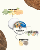 Beard balm tin with flavor notes on a white background