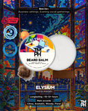 Beard balm container with colorful label against a vibrant, abstract background