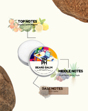 Beard balm tin with flavor notes on a white background