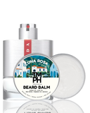 Beard balm packaging with label featuring a scenic design on a white background