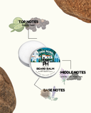 Beard balm tin with notes on top, middle, and base notes on a white background