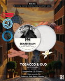 Advertisement for TM PH Tobacco & Oud beard balm with a cityscape background