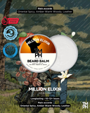 Advertisement for Million Elixir beard balm with a nature-themed background