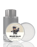 Beard balm with a cylindrical container and round applicator on a white background