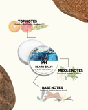 Beard balm container with flavor notes on a white background