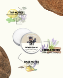 Beard balm container with botanical illustrations and notes on a white background