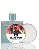 Beard balm packaging with a tropical design on the label