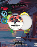 Beard balm packaging with beach scene and product details