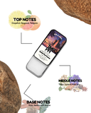 Solid perfume stick with top, middle, and base notes labeled on a white background