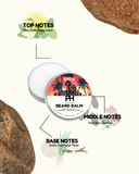 Beard balm container with label and natural elements on a white background