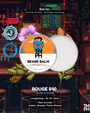 Beard balm packaging with brand logo and product details on a bar background