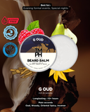 Beard balm packaging with ingredients and product details on a dark background