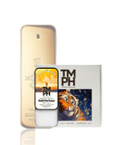 TM PH perfume set with gold bottle, packaging, and solid perfume sample on a white background