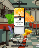 Solid perfume packaging with '1 Million & Love' branding in a retro diner setting