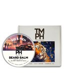 TM PH beard balm container with packaging featuring a tiger and cityscape.