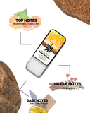 Solid perfume stick with top, middle, and base notes labeled on a white background