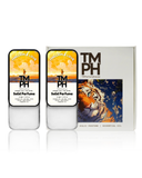 Two solid perfume containers and a box with a tiger illustration on a white background