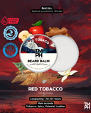 Beard balm packaging with red tobacco flavor on a scenic background