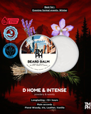 Beard balm packaging with branding and product details on a dark background