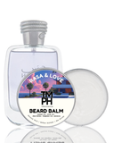 Beard balm packaging with a scenic label on a white background