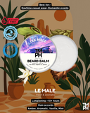 Beard balm container with branding and product details on a nature-themed background