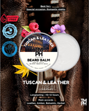 Beard balm container with branding and product details on a textured background