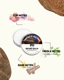 Beard balm container with notes on a white background