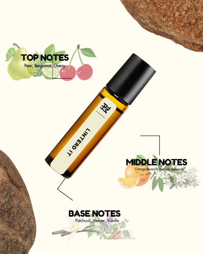 Roll-on bottle with essential oil notes labeled on a white background