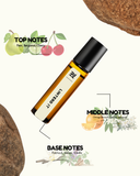 Roll-on bottle with essential oil notes labeled on a white background