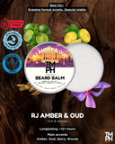 Beard balm container with ingredients and branding on a wooden background